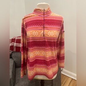 LL Bean Sweatshirt Large Orange Pink Stripe Fair Isle Mock Neck Pullover 1/4 Zip